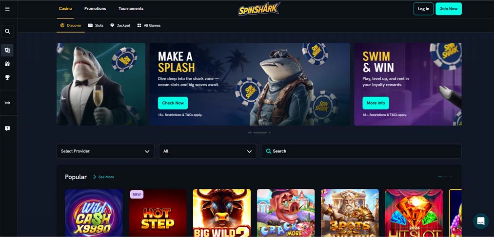 Spinshark Casino main page screenshot